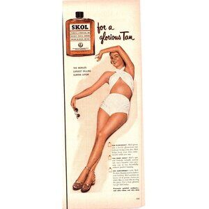 1950 Skol Suntan Lotion Tanning Vintage Print Ad Woman Bathing Suit Wall Art 50s